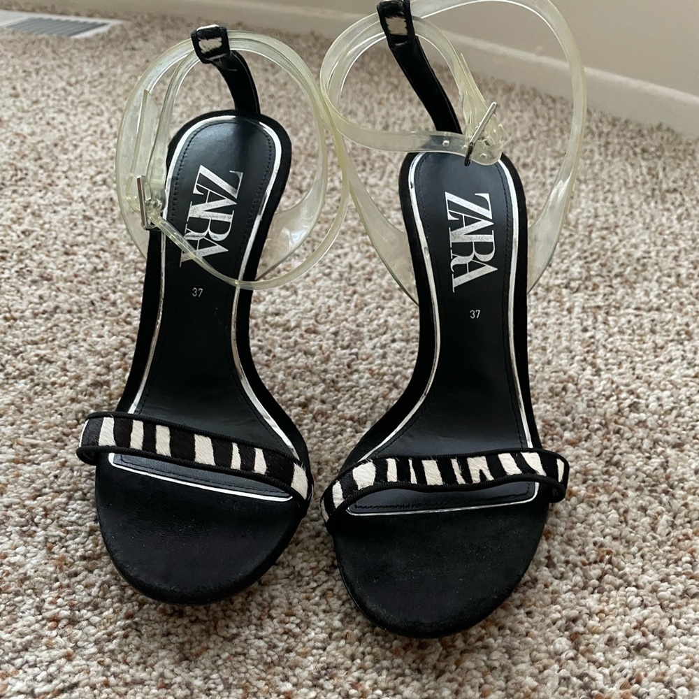 Zara Animal Print Suede Stiletto Heels Zebra European Size 37.